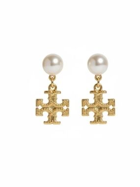 Tory Burch Pearl Top with Gold Logo Drop Earrings